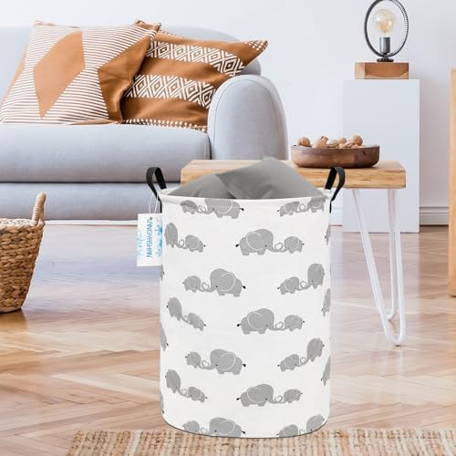 Round Laundry Basket Collapsible Storage Hamper Love Elephant | Waterproof Canvas Foldable Baskets with sturdy Handles Multi-scene Organizer for Home Play Bedroom Gift Bin