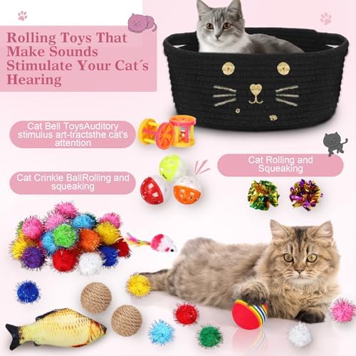 Zopeal 58 Pcs Summer Cat Storage Basket Gift Toys Set, Colorful Flashing Balls Pet Bell Crinkle Balls Spring Toys Attract Cat to Swat, Hunt, Interactive for Pet(Black,9.8 Inch)