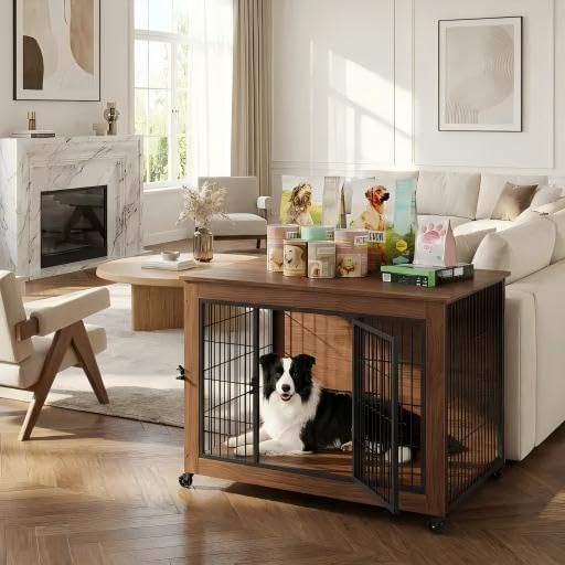 Dog Crate Furniture with Wheels, Wooden Dog Kennel Indoor, Decorative Side End Table for Small Dogs, Easy Installation (38.6'')
