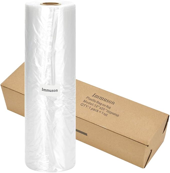 Immuson Food Storage Bags, 12 x 20 Plastic Produce Bag on a Roll Fruits, Vegetable, Bread, Food Storage Clear Bags (10 Rolls-3500 Bags)