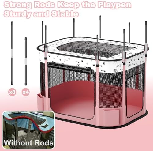 Portable Cat Playpen, 8-Rod Reinforced Kitten Dog Playpens, Foldable Play Pen for Indoor Cats Enclosed Pet Puppy Doggy Outdoor, Collapsible Tent Kennel Cage, Pink