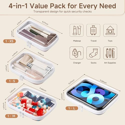 4 Pack Clear Hard Shell Zipper Case Diaper Organizer | 1.0mm Hard Shell, Upgraded Large Zipper Pulls, Clear Travel Pouches, Smooth Zipper Closure, Holds Shape
