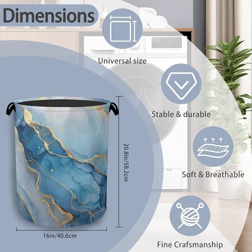 Blue Gold Marble Laundry Basket,Foldable with Handles Tote Bag Oxford Cloth for Bathroom Bedroom Dirty Clothes Storage Bucket 16" x 20.8"