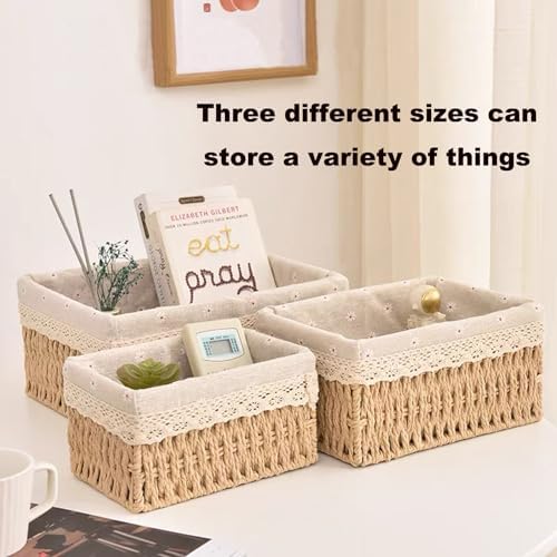 Wicker Baskets with Liner for Counter, Natural Paper Rope Rattan Storage Basket,Hand Woven Pantry Table Organizer Bins for Bedroom Living Room Bathroom School Shelves Office Desk (3 Pack Beige)