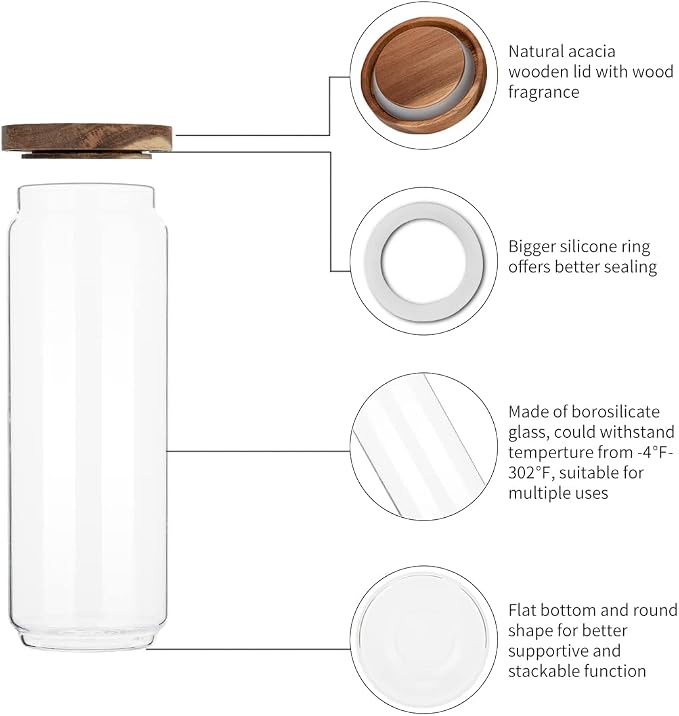 54 Oz Tall Glass Jars with Airtight Wood Lids | High Borosilicate Kitchen Food Containers for Noddles/Pasta/Cookies