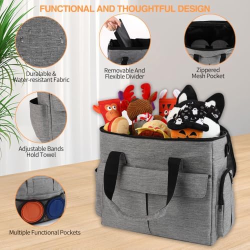 Dog Travel Bag with 2 Food Containers Collapsible Bowls & Feeding Mat, Grey