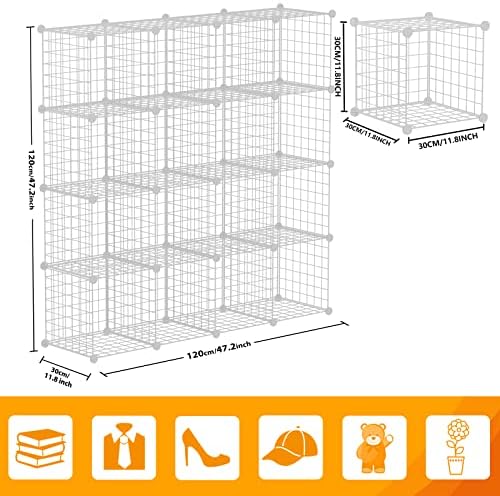 HUBSON Wire Cube Storage Organizer, Book/Toy/Craft/Potted Plants and Pet Closet Organizers, 16-Cube Freely Combinable Metal Grid Storage Shelf, White Iron