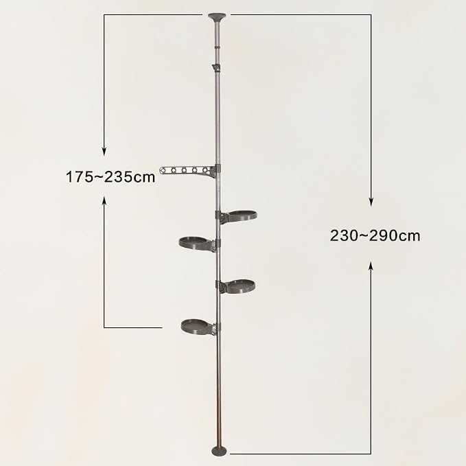 BAOYOUNI Plant Stand 5-Tier Tension Rod Pole Flower Holder Rack ，Grey | Indoor Vertical Garden Shelf，Space-Saving Corner Organizer,Adjustable Height for Flower Display Rack 4 Trays&1 Hook