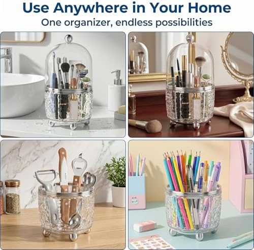 360°Rotating Toothbrush Holder with Cover, Dustproof Electric Toothbrush and Toothpaste Holder for Bathroom Countertop, 3 Slots Makeup Brush Organizer & Bathroom Storage (Transparent Silver)