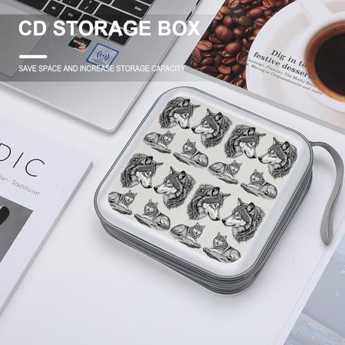 Portable CD Holder Case with Strap Gray Wolf, 40-Capacity Hard Plastic Storage Binder, Protective Wallet for Car Office Travel