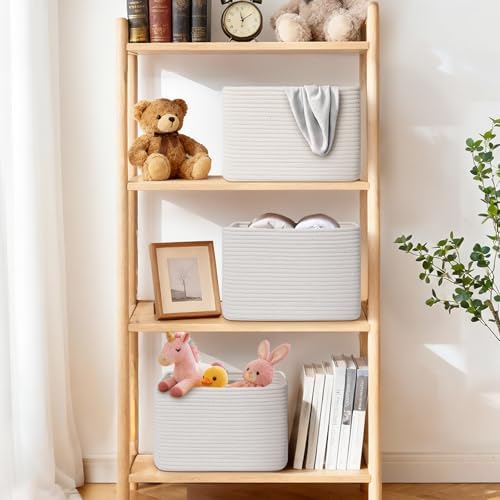 Storage Baskets for Organizing, 4 Pack Baskets for Shelves, Decorative Storage Bins for Shelves, Cotton Rope Storage Basket with Handles, Woven Basket for Storage, 13''Lx8.7''Wx7.9''H, White