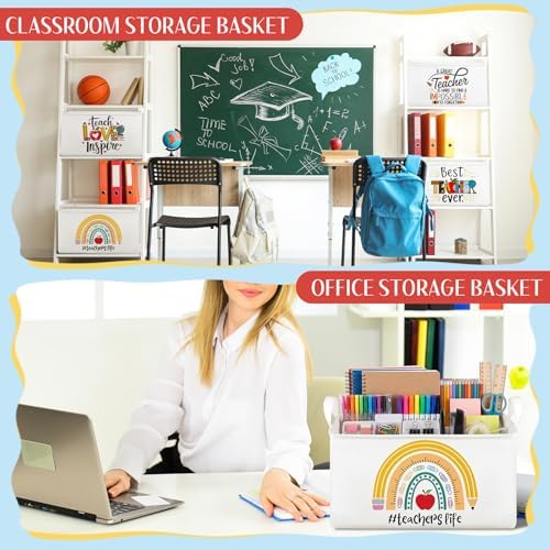Breling 4 Pcs Teacher Appreciation Gift Basket Empty Best Teacher Ever Storage Baskets with Handle Large Collapsible Storage Bins Box for Back to School Book Office, 15 x 10 x 8 inch