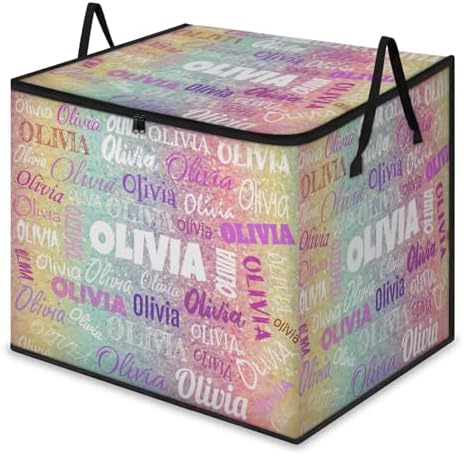 Personalized Name Foldable Storage Basket Cubes with Lid, Laundry Hamper Dirty Clothes Pet Toys Storage Bin with Handles for Shelf Home Closet Kitchen, Yellow Pale Turquoise Pink Glittering