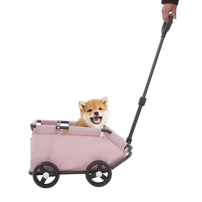 Mini Dog Strollers, 4 Wheel Foldable Dog Stroller, Portable Pet Carrier Dog Cart w/Side Storage Pocket Adjustable & 360° Rotatable Pull Rod for Small Pets Travel Shopping Walking (Pink)