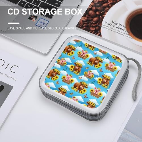 Hard Plastic 40-Disc Storage Binder Sunflower Butterflies Highland Cow Pig, Protective CD/DVD Wallet with Zipper, Portable Organizer for Movies Music