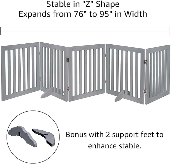 unipaws 24”H Free Standing Pet Gate for Dog Cat, 100”Wide Wooden Dog Gates | Foldable Pet Fence for Doorway, Stairs, Step, Expandable Doggy Barrier, Indoor Use
