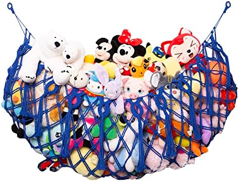 Stuffed animals net or hammock for wall hanging basket macrame toy storage mesh (Blue)