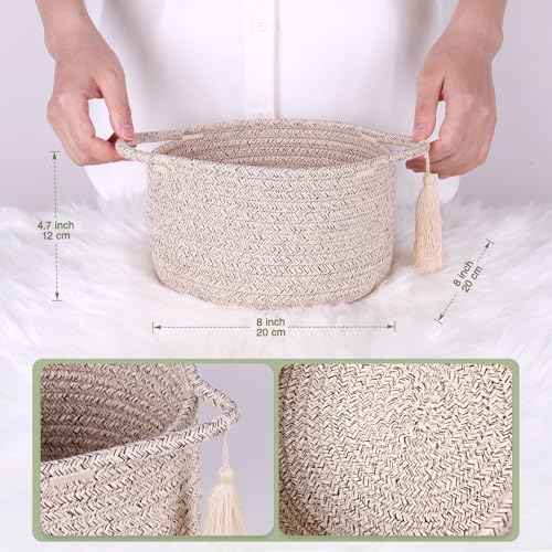 Small Gift Basket Empty to Fill, Gift Bag & Ribbon, Natural Beige | Cute Decorative Mini Woven Rope Basket with Handles for Gifting; Reusable for Bathroom Counter or Desk Catchall, 8 x 4.7 in
