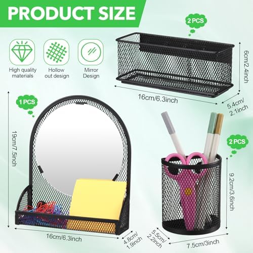 Weysat Set of 5 Magnetic Locker Accessories Mirror with 2 Magnetic Pen Holder and 2 Wire Mesh Storage Basket for Students Back to School Locker Organizer for School Office(Black)