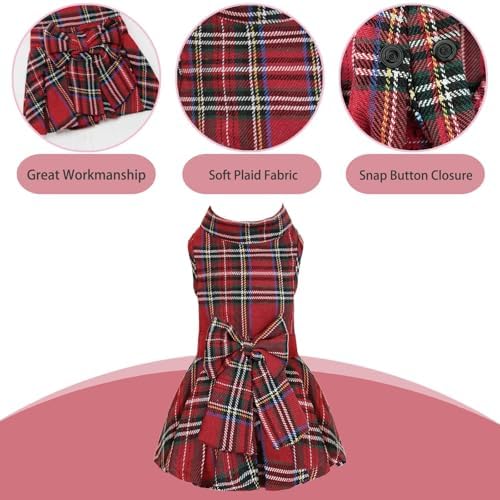 Classic Plaid Dog Dress with Bow Tie for Small Dogs Cats Girls, Cute Puppy Dresses Clothes with Bowknot Chihuahua French Bulldog Pet Apparel Outfits (Cranberry Red, Medium)