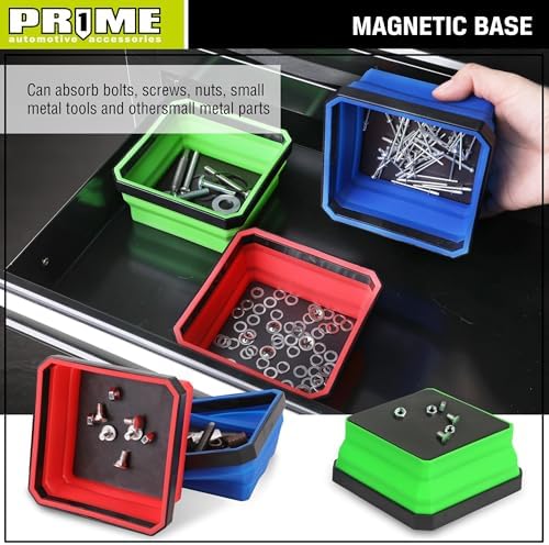 PR1ME Upgrade Collapsible Magnetic Parts Tray Set, 3 Pack, Foldable Magnetic Tool, 4.25 inch Square Silicone Bowls with Magnetic Base Stores and Organizes Small Parts and Tools