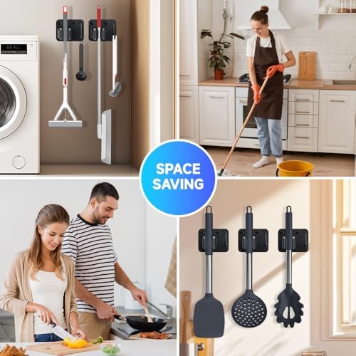 JAMEND CLXP 4-Pack Broom Holder with Heavy Duty Hooks, Upgraded Stainless Steel Mop Hanger. Wall Mount Utility Tool Rack for Kitchen Garden Laundry Garage. Matte Black.