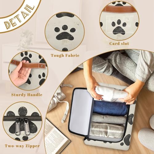 Dog Paw Storage Bins with Zipper Lid Animal Footprint Foldable Fabric Organizer Box with Handles Rectangular Closet Clothes Organizer Containers
