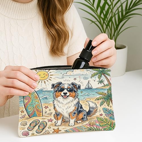 Cute Australian Shepherd Dog Makeup Bag, Coastal Beach Shells Cosmetic Travel Pouch for Women Girls, Pet Portable Small Canvas Zipper Organizer 7x9 Inch
