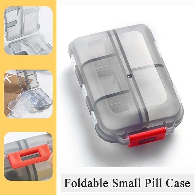 Weekly Travel Pill Organizer Box, 10 Compartments Small Fold Case | Medicine Holder, Daily AM PM Morning Night Pocket Travel Capsule Dispenser for Vitamin, Fish Oil, Supplement, Tablet, Grey