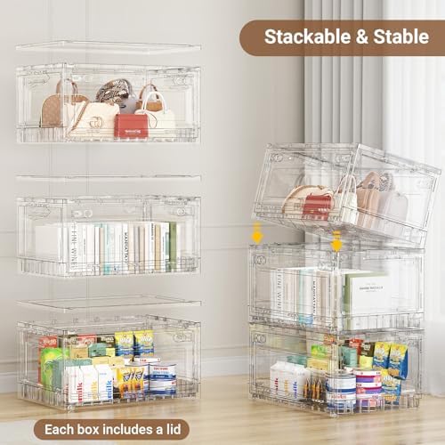 BROVIEW 240Qt Stackable Storage Bins with Lids Wheels, XL Clear Plastic Drawers Foldable Closet Organizers and Storage Cabinet Display Box Shelves with Front & Back Doors, for Home Room Office,3Pack