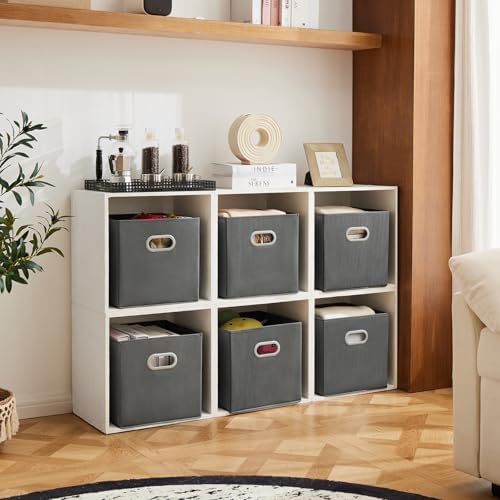 MAX Houser 6 Pack Foldable Fabric Storage Bins withc Handles, Cattail Gray | Collapsible Containers with Dual Plastic Handles for Home Closet Bedroom Drawers Organizers