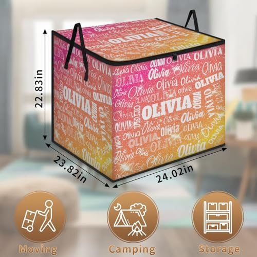 Custom Name Comforter Storage Bin with Lid, Personalized XL Storage Basket with Handles Zippers for Organizing Blankets, Bedding Closet Shelf Baskets, Orange Pink Yellow Glittering Stars