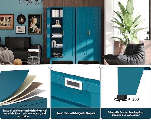 71" H Garage Storage Cabinets with Doors and Shelves,Metal Storage Cabinets,Blue Large Storage Cabinets,Utility Cabinet