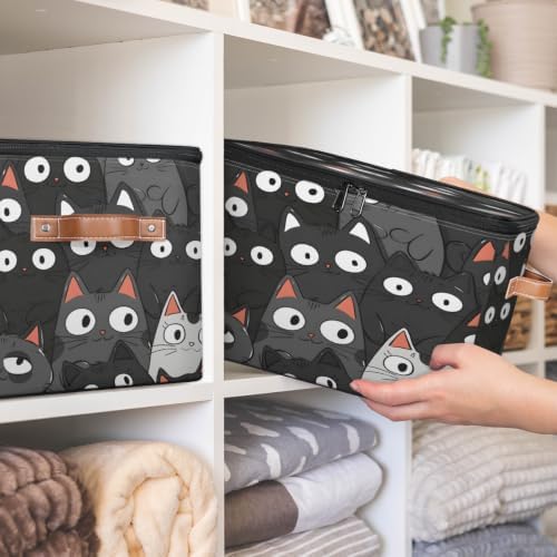 Black Cat Print Storage Box with Zipper Lid | Collapsible, Fabric, Storage Bin, Handle, Large, Closet Organizer, Containers, Bedroom, Home, Cat Faces