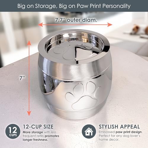 BREKX Premium Steel Dog Treat Container, Insulated Airtight Pet Food Container with Paw Print Design, Modern Silver Brushed Steel Dog Storage for Treats, 12-Cup Capacity