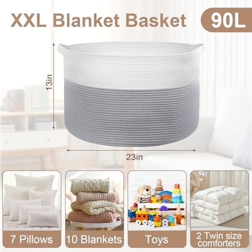 90L Large Blanket Basket Storage with Handles - White & Gray