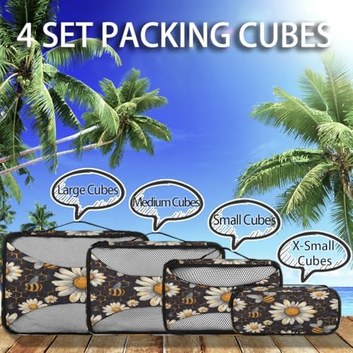 Honey Bumble Bee 4 Set Packing Cubes Luggage Organizer Bags for Travel Accessories and Essentials, Daisy Floral Bee