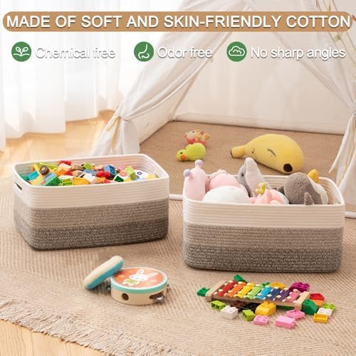 OIASKET Large Storage Basket for Organizing, Woven Rope Basket for Shelves, Closet Organizer Bins for Clothes, Blanket, Toys, Baby Nursery Storage, 17.7" x 13" x 7.87", 2 Packs Yellow