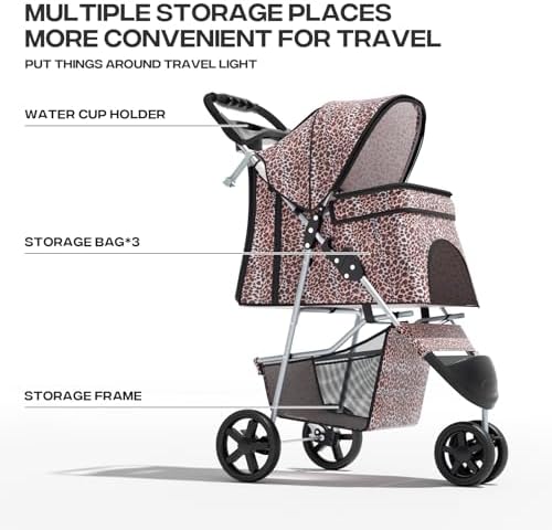 Foldable 3-Wheel Pet Stroller for Dogs & Cats, Leopard Print | Storage Basket & Cup Holder, Breathable Mesh Cover, Lightweight and Durable, for Small to Medium Pets, up to 33 lbs