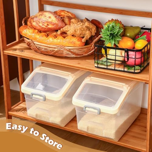 Sunnyray 4 Pcs Rice Storage Containers Bulk Flour Sugar Container Wheels Measuring Cups Set Airtight Pet Dog Cat Birds Food Bin Grain Cereal Organizer Box for Dry Baking(Beige,28 lb)