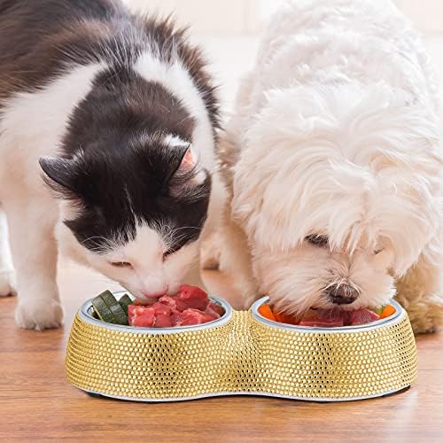 eing Dog Bowls Double Dog Water and Food Bowls Stainless Steel Bowls with Non-Slip Resin Station and Bling Rhinestones, Pet Feeder Bowls for Puppy Medium Dogs Cats Puppy Pets,Gold