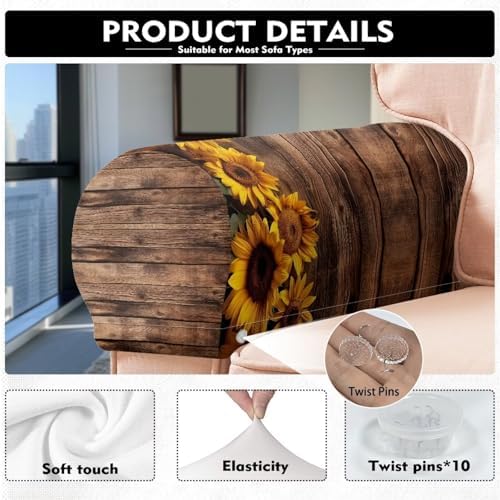 Sofa Arm Covers for Couch Wooden Sunflower Arm Chair Covers Scratch-Resistant Sofa Arm Covers Protect Anti-Slip Furniture Protector Set of 2