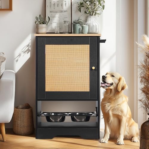 Pet Feeding Station with Elevated Bowls and Storage Cabinet for Dogs and Cats, 8 Inch Height Design for Neck Support in Living Room or Bedroom