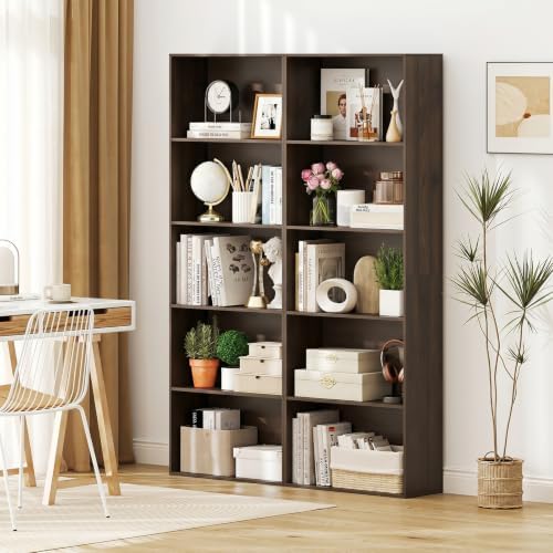 GIANTEX 5-Tier Bookshelf Set of 2, Freestanding Bookcase with 5 Open Shelf | Modern Display Shelf, Storage Organizer for Living Room, Home Office, Dark Walnut
