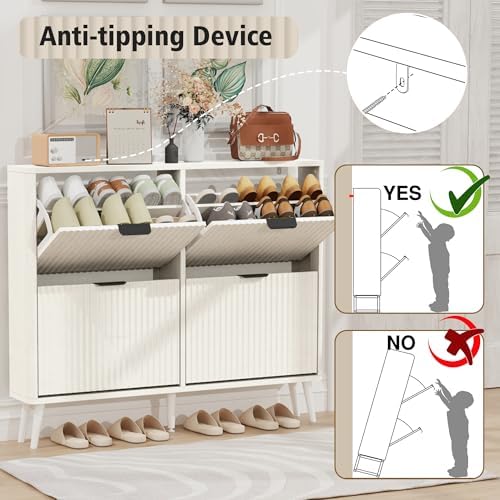 KIGOTY Narrow Shoe Storage Cabinet, Shoe Cabinet with 4 Flip Drawers, Freestanding Shoe Organizer with Legs for Entryway, Slim Shoe Rack Cabinet for Enterway (White, 4 Flip Drawer)
