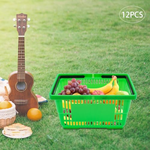 12 Pack Shopping Baskets with Handles, 18 L Plastic Shopping Cart(Green)