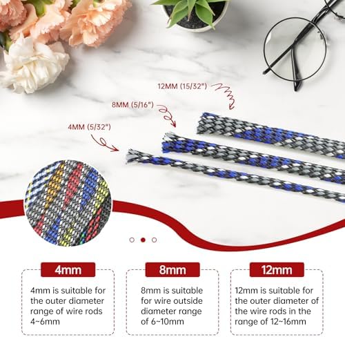 New Braid Sleeve,PP Cotton PET Braided Sleeve Tube Soft Wire Wrap Insulated Cable Protection Line Harness Sheath Daily Household Wire Management (Blue White Grey, 12mm (15/32")-19ft)