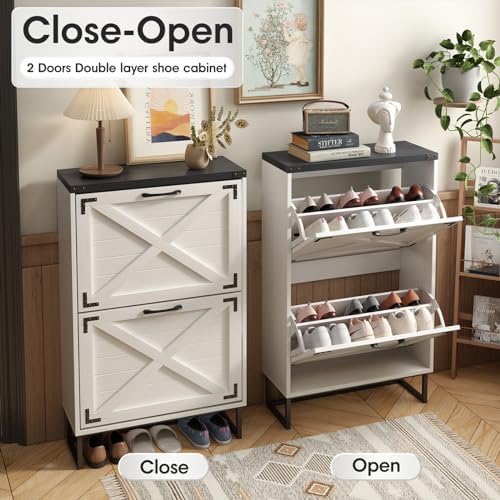 Maupvit 24" W Farmhouse Shoe Cabinet Storage for Entryway, Freestanding Organizer with 2 Flip Drawers, Narrow Shoe Rack Cabinet with Metal Corner Decoration, White
