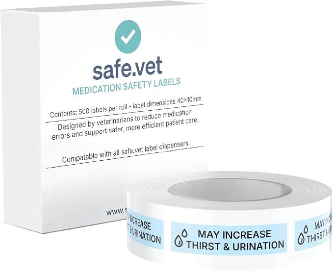 Dispensed Medication Veterinary Pharmacy Labels | Roll of 500 | Clinical-Grade Color-Coded Stickers for Medication Bottles (May Increase Thirst & Urination)