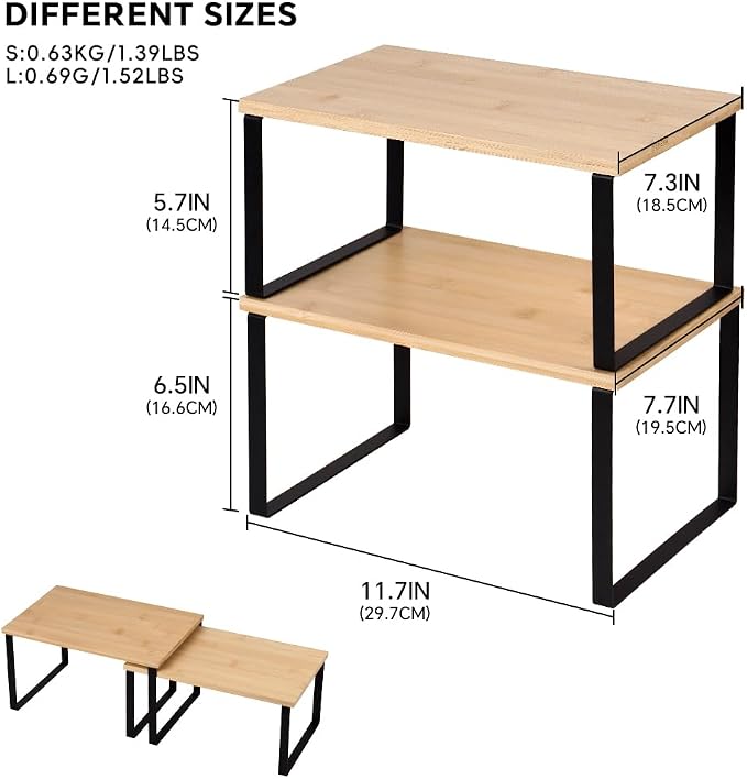 HEY FOLY Kitchen Cabinet Organizer Shelf, Set of 2 Stackable Counter Shelves, Small Wood Cabinet Riser Shelf for Pantry Cupboard Spice Dish Mug Cup, Expandable (Beige & Black, 11.7''W)